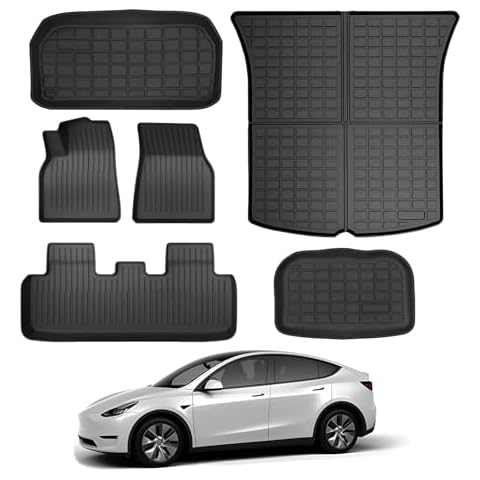 KIKIMO Floor Mats for Tesla Model Y 5-Seater 2020-2023 2024, All-Weather Cargo Liner Floor Mats for Tesla Model Y Accessories, Custom Fit Waterproof Anti-Slip Front Rear Cargo Liner Mat Full Set Cover