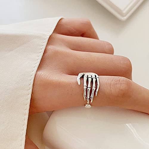 Vintage Skull Hand S925 Sterling Silver Open Band Ring for Women Girls Statement Adjustable Expandable Oxidized Gothic Skeleton Devil's Talons Finger Pinky Rings Comfort Fit Unisex Jewelry2