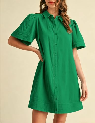 Image of Womens Short Sleeve Button Down Mini Shirt Dress Lapel Collar Short Dresses with Pocket
