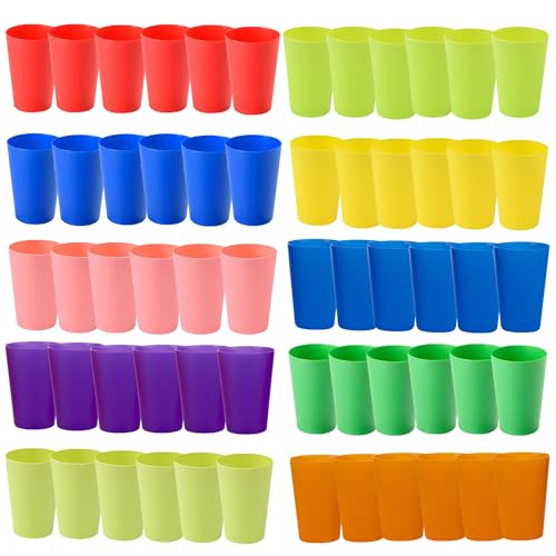 Hikrxya 60 Pack Reusable Plastic Cups, 260 ml Plastic Drinking Cups, Bright Multi Coloured Plastic Tumblers Set for Children Kids, Outdoor, Parties, Picnics, Camping, BBQ’s, Travel, Kitchen