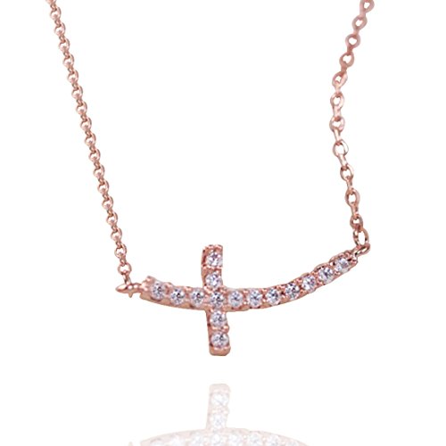 Ficccy 14k Rose Gold Plated Cross Necklace Fashion Sideway Cross Zirconia Pendant Charm Necklace