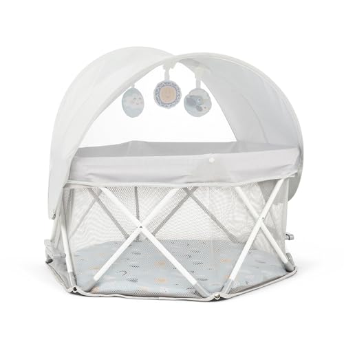 My Play Baby Portable Infant Bassinet, Indoor Outdoor UPF 50+ Canopy, Mesh Sides, 29x14 Inches, Foldable Travel Playard with Toys, Padded Base, Newborn to 15 Pounds