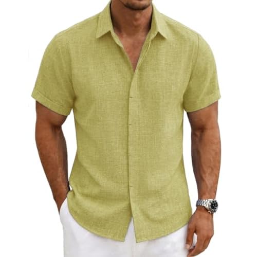 Mens Linen Shirts Short Sleeve Casual Shirt Button Down Summer Beach Vacation Tops Men Casual Dress Shirts Breathable