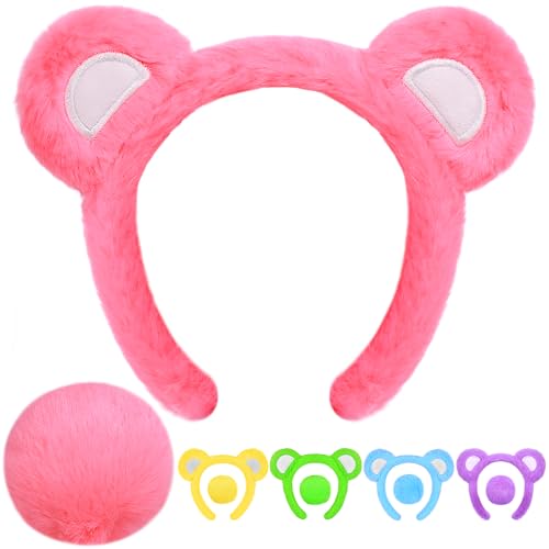 MUKOSEL Bear Ears Headband and Tail Set Bear Costume Animal Ears Costume for Adult Women Men Halloween Party Headwear (Pink 2)