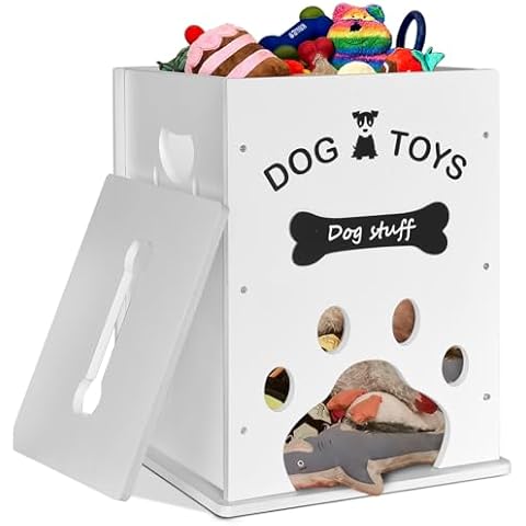 VOOTTOU Dog Toy Bin Dog Toy Basket, Cat Dog Food Storage, Wood Large Dog Stuff Organizer with Hollow Handle, Dog Toy Basket, Dog Stuff Storage Box, Toy Storage Basket for Pet Leashes, Food, Treat… Cover