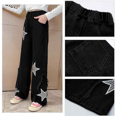 Girls Jeans Elastic Waist Wide Leg Denim Pants Pentagram Printed Casual Washed Baggy Trousers4