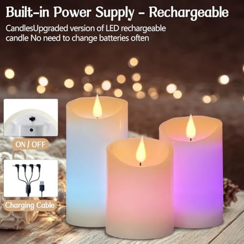 Image of LEDHOLYT Flameless Candle RGB Set, Flickering LED Pillar Real Wax Candle with Remote Control and Timer, Upgraded Blue Flame Heart, Built-in Battery Rechargeable Flameless Candle, 1 Set of 3