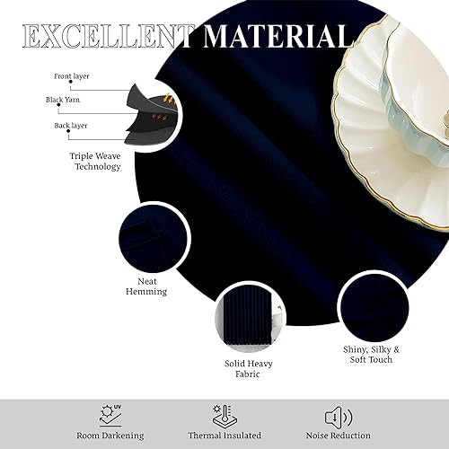 Image of Triple Pinch Pleated Blackout Curtains Thermal Insulated Room Darkening Curtains for Bedroom /Livingroom Pack of 2 Panels, Tiebacks, Hooks (Navy Blue)