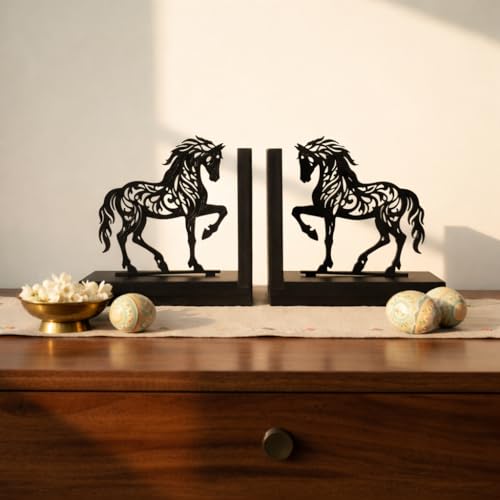 Image of eCraftIndia Wooden Book End with Horse Statue for Good Luck Showpiece for Home Decor Office Table | Gift for Housewarming Birthday