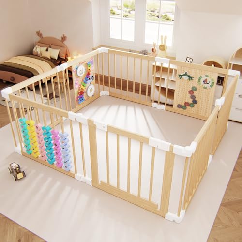 YZNVCG Baby Playpen - Adjustable Multi-Shape Wooden Play Yard, Portable Collapsible Activity Center with Baby Fence Play Area & Toys for Infants, Toddlers (56x56x24inch