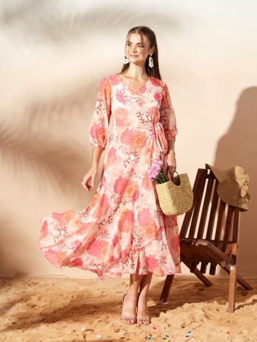 Image of Miss Chase Women's Multicolored Black Floral V-Neck 3 /4 Sleeve Wrap Chiffon Midi Dress