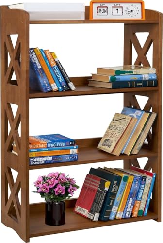Image of 4 Tier Bookshelf, Wood Bookshelf with Open Shelves, Narrow Bookshelf Freestanding Storage Organizer, 4 Shelf Bookcase Small Bookshelf Display Brown Bookcase for Living Room Bedroom Office