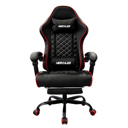HERCULES ゲーミングチェア 高級PUレザー  リクライニング90-130度 フットレスト付き 昇降アームレスト ヘッド＆腰サポート ブラック