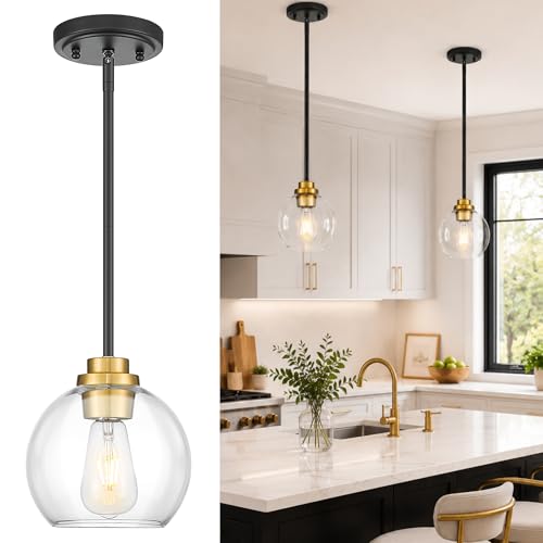 Image of Pendant Lights Kitchen Island, 7 inch Black and Gold Hanging Lights Fixtures with Clear Glass Globe Shade, Modern Kitchen Island Lighting for Bathroom, AD-22280-1P-KG