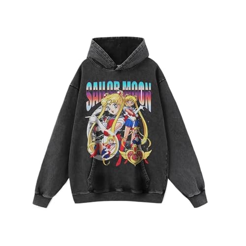 {Sailor Moon Sudadera Sai Sai-lor Moon Mujer Capucha Vintage Lavada, estilo retro, holgadas, con capucha, a la moda, capucha(Grey_S)