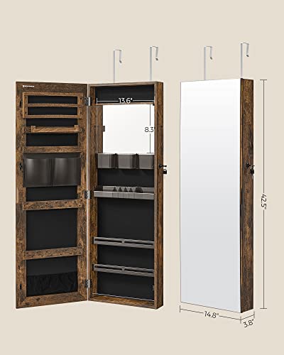 Image of SONGMICS Engineered Wood Lockable Jewelry Cabinet Armoire, Wall-Mounted Storage Organizer With Full-Length Frameless Mirror, 14.8 X 3.8 X 42.5 Inches, Rustic Brown