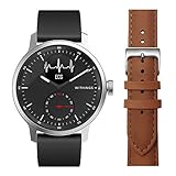 WITHINGS - Scanwatch 42 mm Noir Lot avec 1 Bracelet Noir FKM 20 mm + 1 Bracelet en Cuir Courbé Brun 20 mm - Montre Connectée Hybride avec ECG, Fréquence Cardiaque, SPO2 et Suivi du Sommeil