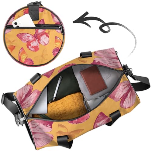 Butterflies Round Barrel Sports Fitness Bag, Yellow Travel Luggage Bag, Reusable Handbag, Suitable For Men and Women4
