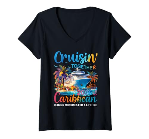 Femme Cruisin’ Together Caribbean 2026 Cruise Squad Vacation Party T-Shirt avec Col en V