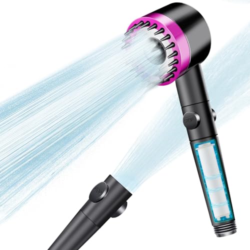 pommeau de douche haute pression,Pommeau de douche avec filtre, douchette douche salle de bain, pommeau de douche massant avec 3 + 1 types de jet (Rose)