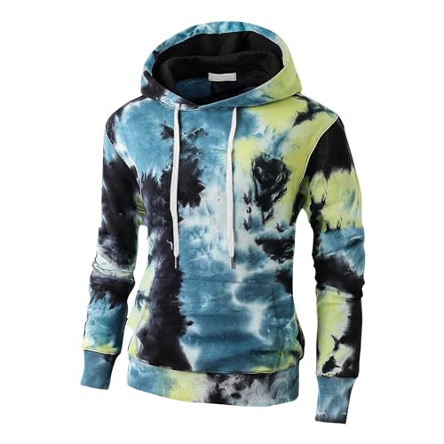 THMENKHT Man Hoodie Casual Oversized Tie Dye Long Sleeves Tops Fashion Drawstring Sweatshirt with Front Kangaroo Pocket Yellows XL