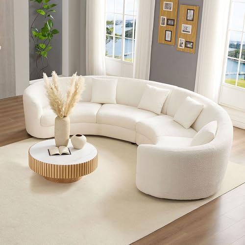 Image of KEIKI 141 inch Luxury Curved Boucle Modular Sectional Sofa, Modern Style Oversized 4-Seater Polyester Tight Back Couch with 4 Pillows and Round Arms, Easy Assembly, for Apartment, Living Room, White