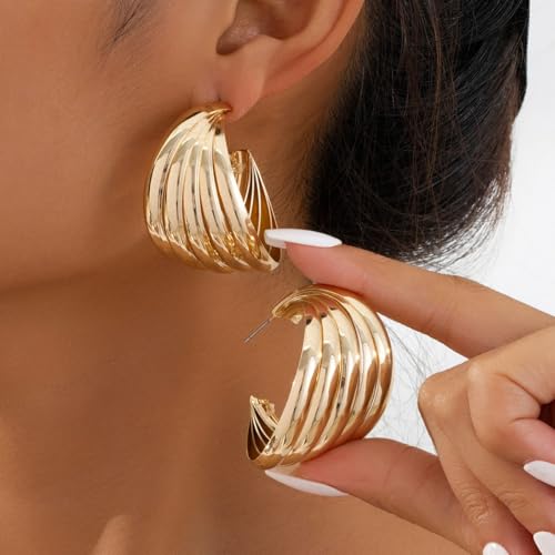 Gold Chunky Statement Earring for Prom Party,Oversized Exaggerated Dangle Earrings for Formal Evening Dress,Metal Thick Hoop Earrings for Women4