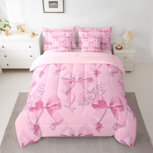 Image of Pink Bow 7 Piece Comforter Set Full Bed in a Bag | Cute Bowknot Bedding Sets Dreamy Princess Style Ribbon Bow Tie Comforter and Sheet Set, Girly Floral Bed Sets,Kawaii Room Decor Aesthetic
