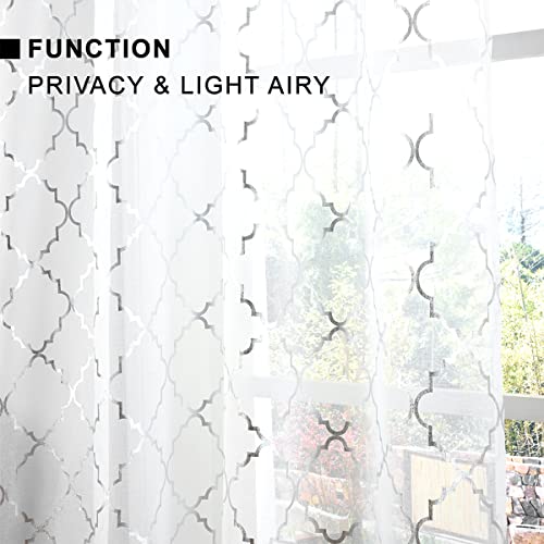 Kotile Moroccan Curtains For Living Room - White Sheer Curtains Silver Foil Moroccan Tile Print Rod Pocket Window Curtains Moroccan Trellis Sheer Curtains 84 Inches Long For Bedroom, 2 Panels #TOP2