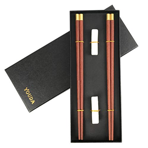 Youda Chinese Chopsticks Reusable Set, Natural Wood Chopsticks (2 pairs with holder)