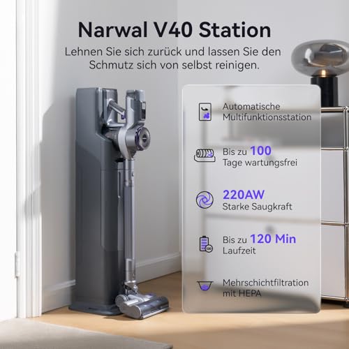 NARWAL V40 Station Akku Kabelloser Staubsauger, mit Selbstreinigung Auto Ladestation, 28000PA / 220AW, 120 Min Laufzeit… – Ansicht 2
