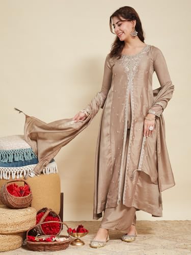 Image of MOKOSH Women's Silk Embroidery Anarkali Kurta Pant with Dupatta | Anarkali Kurta Set | Round Neck Full Sleeve Ethnic Suit | Indian Kurta Outfit with Pant | 3 Piece Outfit