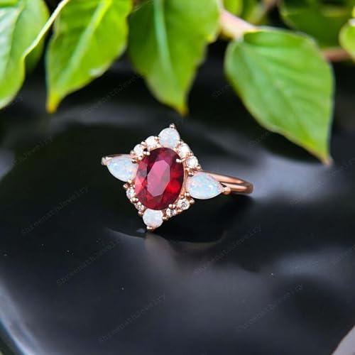 Vintage Red Ruby Engagement Ring 14k Rose Gold Opal Diamond Halo Ring Art Deco Women's Fine Jewelry July Birthstone Handmade Promise Gifts4