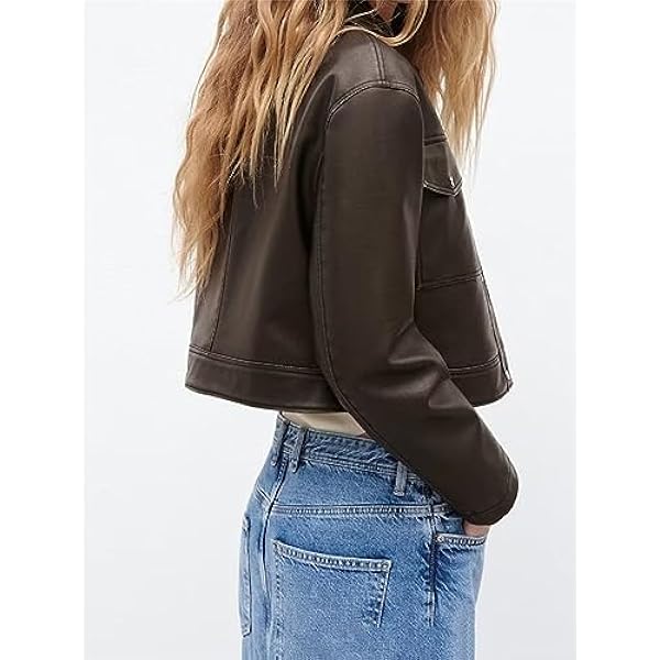 Adhdyuud Vrouwen Vintage Faux Lederen Jas Chic Vintage Korte Revers Button Pocket Biker Jassen Tops