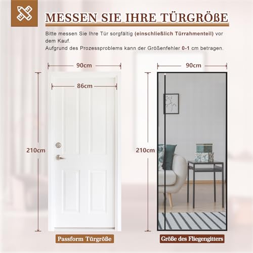 Yotache Fliegengitter Balkontür Magnet 90x210cm Fliegengitter Balkontür Seitliche Öffnung, Fliegengitter Tür Ohne Bohren für Schlafzimmer Kellertür Terrassentür, Schwarz