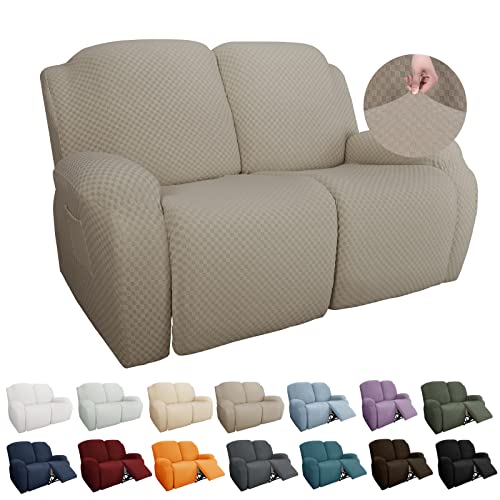 Image of YEMYHOM 6 Pieces Stretch Loveseat Recliner Slipcover Jacquard Recliner Sofa Cover with Side Pocket Fitted Recliner Cover Couch Furniture Protector with Elastic Bottom (Medium, Khaki)