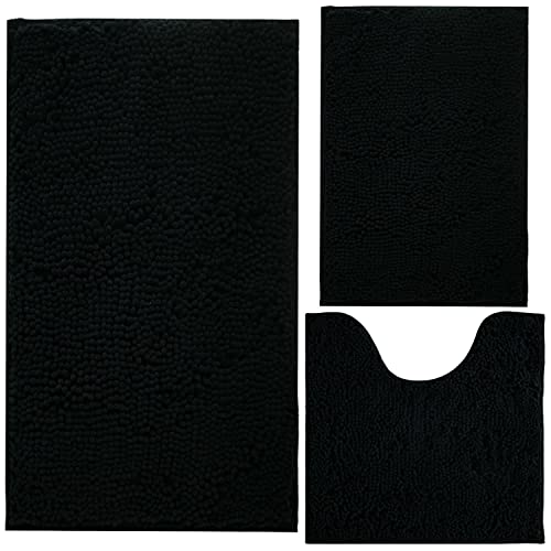 Image of Black Bathroom Rug Chenille 3-Piece Extra Soft and Absorbent Shag Bathroom Rugs, Machine Wash Mat, Strong PVC Non-Slip Underside, Plush Carpet Mats (Black)