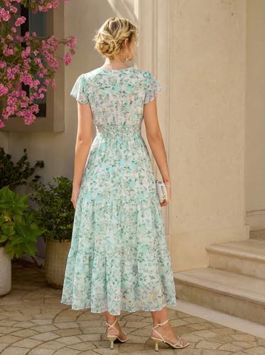 GRACE KARIN Women Dress,Maxi Floral Dresses,V Neck Wedding Guest Flowy Dress 2026 White with Blue and Green Flowers S — view 5