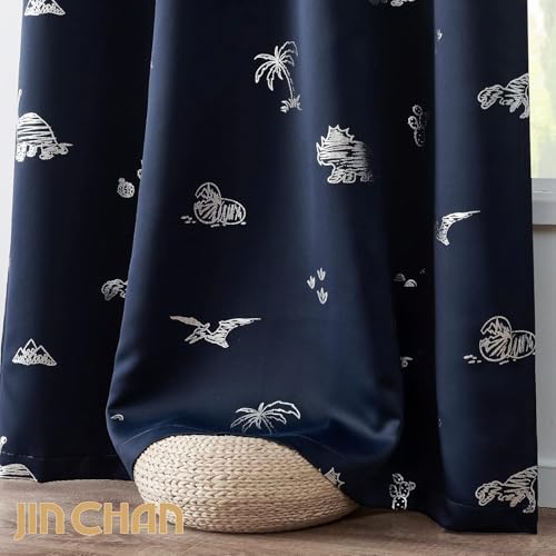 Image of BFAM Kids Blackout Curtains 9 feet Set of 1 - 100% Room Darkening, Thermal Insulated, Noise Reducing, Cute Blue Dino Prints, Eyelet Curtains for Playroom, Bedroom & Nursery, Pack of 1 Curtain