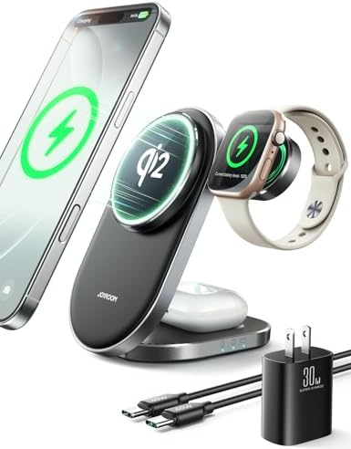 Qi2 3 in 1 Wireless Charging Station,JOYROOM 15W Fast Wireless Charger Stand for iPhone 16/15/14/13, Apple Watch, AirPods, Magnetic Foldable for MagSafe Charger for Multiple Devices (with 30w Adapter)