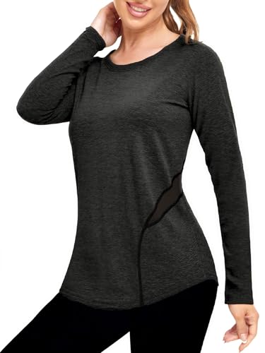 Wayleb Camiseta Deportiva de Manga Larga para Mujer Camisetas de Malla Mujer Ropa Deporte Secado Rápido y Transpirable para Yoga Pilates Fitness Correr