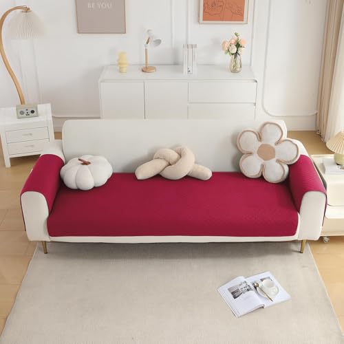 Image of HOKIPO Quilted 1 Seater Sofa Cover Set, One Seat Mat with Two Armrest Covers with Pockets, Maroon (NEW-IN-716+IN-787-MRN*2)