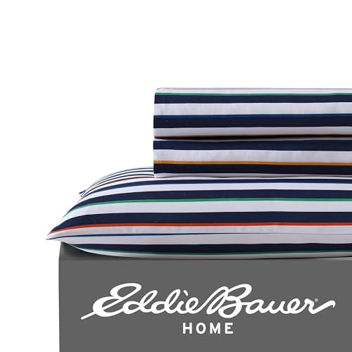 Image of Eddie Bauer Kids - Queen Sheet Set, Ultra-Soft Microfiber Bedding with Fully Elastic Fitted Sheet, Kids Bed Set with Pillowcases, Easy Care Bedding (Stripes Game)