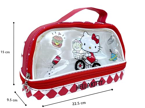 Image of Hello Kitty Cartoon Storage Pen Bag - Large Capacity Transparent Double Layer Portable Stationery Case - Red Pencil Case for Boys & Girls Multifunctional Soft Pouch for School Kids