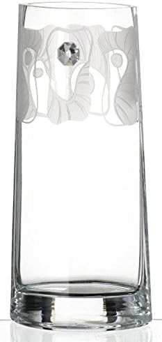 Diamond Collection Hand Blown Glass Vase with Swarovski Crystal and Sandblasted Abstract Decor - Premium Mouth Blown Lead Free Glass - Perfect Clarity and Transparency -10.6 in (27 cm)
