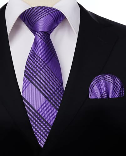 Image of HISDERN Ties for Men Formal Business Plaid Checked Mens Ties and Pocket Square Set Classic Wedding Necktie Handkerchief