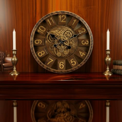 Image of STAR WORK Vintage Gear Wall Clock Industrial Rustic Farmhouse Classic Style Mechanical Charm Perfect for Living Room Bedroom Office or Entryway Decor (Brown -16 INCH)