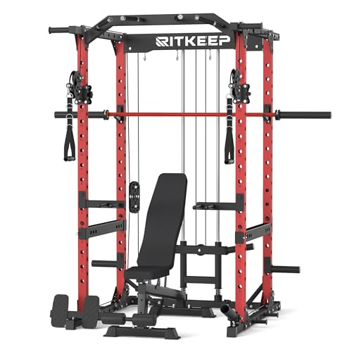 RitKeep M10 Multi-Functional Power Rack - 5 in 1 Power Rack with Pulley System and Cable Crossover, Squat Rack for Home Gym Workout Racks (Red with RAB-2000, 700 LB Barbell)