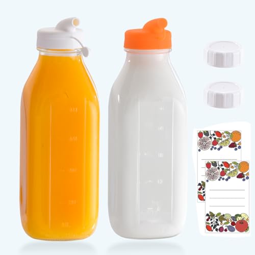 Restorgan Lot de 2 bouteilles de lait en verre avec couvercles, 1 000 ml, réutilisables avec bec verseur pour réfrigérateur