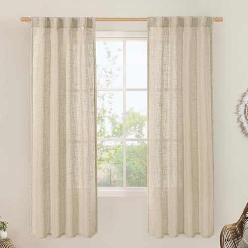 LAMIT Light Filtering Linen Curtains 72 Inches Long for Bedroom, Linen Textured Semi Sheer Back Tab and Rod Pocket Boho Drapes for Window/Living Room, Linen, 2 Panels, 34 x 72 Inch